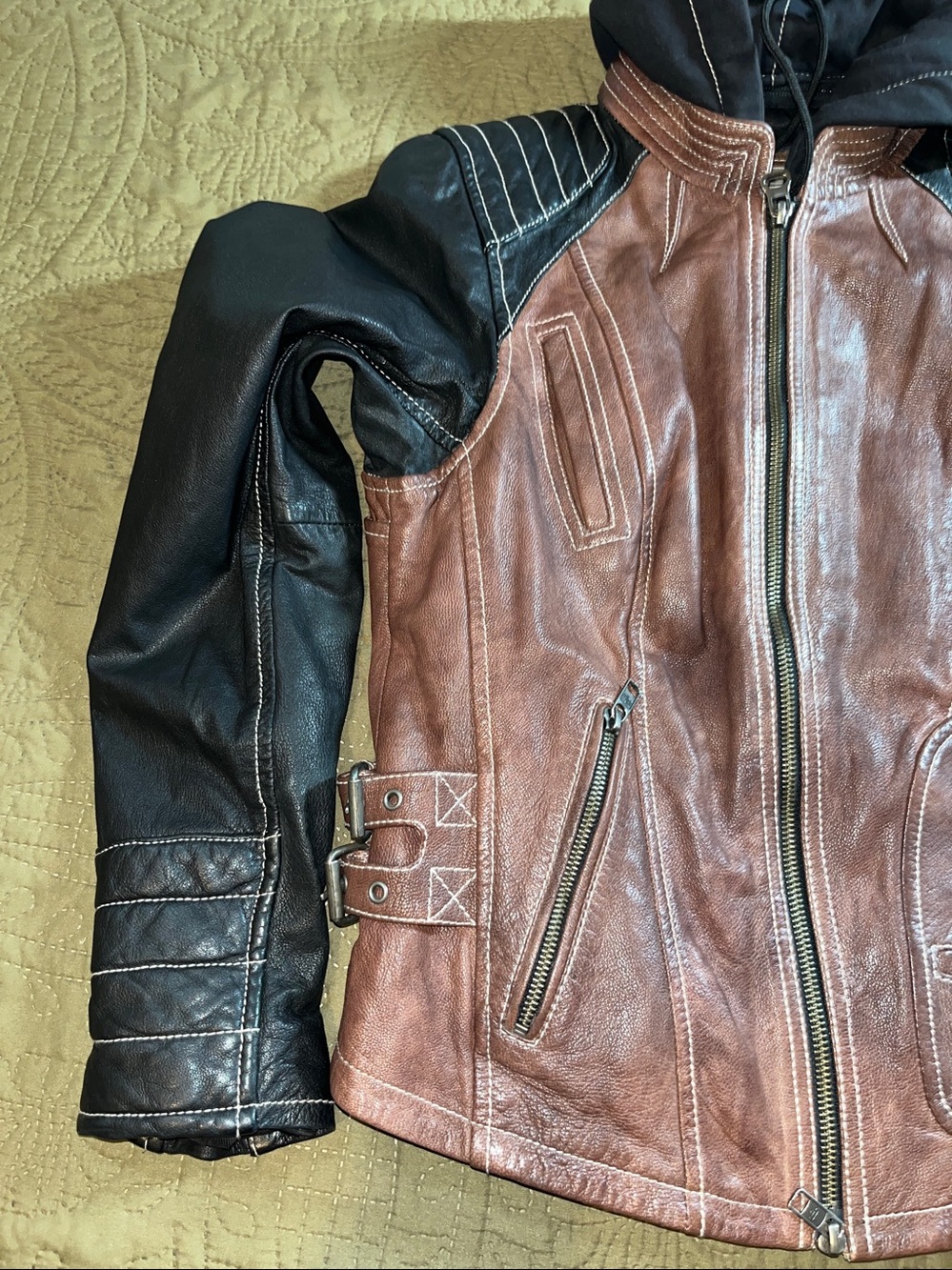 HARLEY DAVIDSON Ladies 3in1 Brown/Black Leather Moto Jacket Embroidered PERFECT - Picture 8 of 10